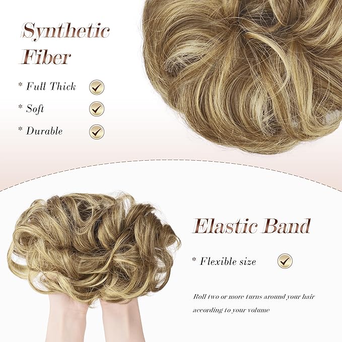 FESHFEN Messy Bun Hair Piece - Wavy Synthetic Chignon Scrunchies for Instant Volume, Elastic Bun Ponytail Hair Extensions Thick Hairpieces for Women, Sand 1.50 oz