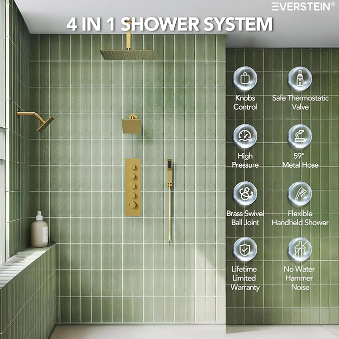 EVERSTEIN Thermostatic Shower system, 16, 6 in. Bathroom Shower Set Wall Mount Dual Shower Head Faucet in Brushed Gold