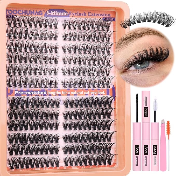TOOCHUNAG Cat Eye Lash Clusters Kit Wispy DIY Lash Extension Kit Natural Eyelash Extension Kit 7-16mm Individual Cluster Lashes Extensions with Lash Bond and Seal, Tweezers, Brushes(30D+40D)