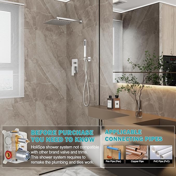 HoliSpa Shower System, Brushed Nickel Shower Faucet Set with 12-Inch Rain Showerhead and Handheld Spray, Wall Mounted High-Pressure Showerhead Combo Set Included Valve and Trim, Brushed Nickel