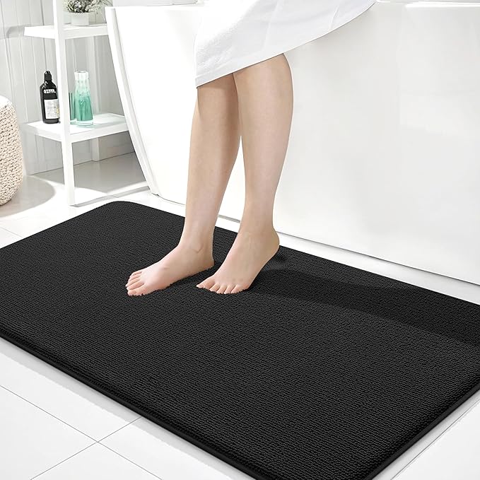 OLANLY Thick Memory Foam Bath Mat Rug 45x27, Extra Soft Absorbent Bathroom Rug, Quick Dry Bath Mats, Non-Slip, Machine Washable Carpet for Bathroom, Tub and Shower, Home Decor Accessories, Black