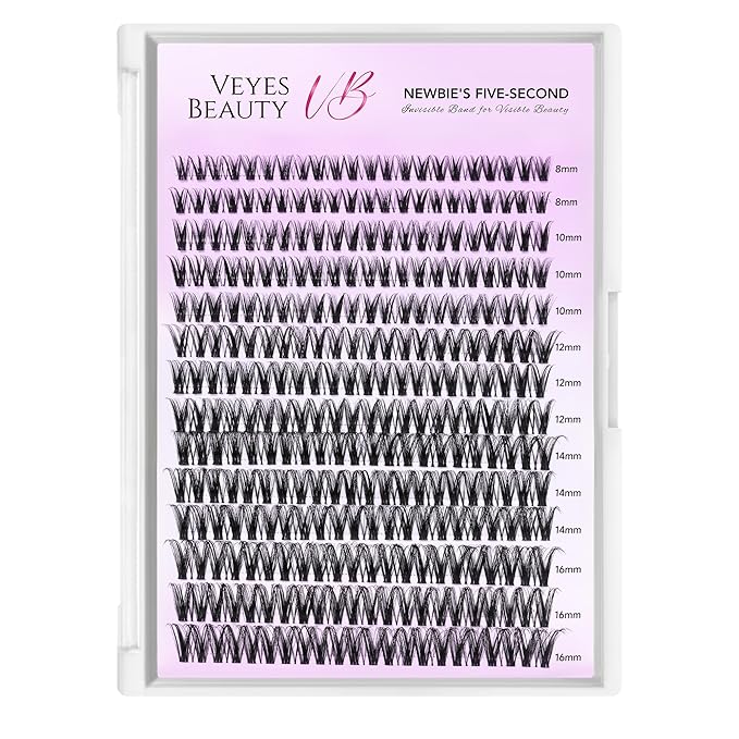 VEYESBEAUTY Lash Clusters Individual Eyelash Extensions Thin & Invisible Band DIY False Eyelashes for Self-application Newbie's Five-Second Series Wispy Lash Tray, Ribbon 8-16mm Mixed Length