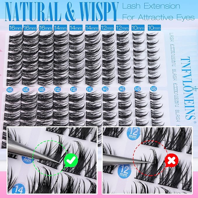Manga Lash Clusters Kit Natural Lash Extension Kit Wispy Eyelash Extension Kit Soft Eyelash Clusters Anime Individual Lashes Kit Cluster Eyelash Extensions with Bond and Seal and Tweezers TNFVLONEINS