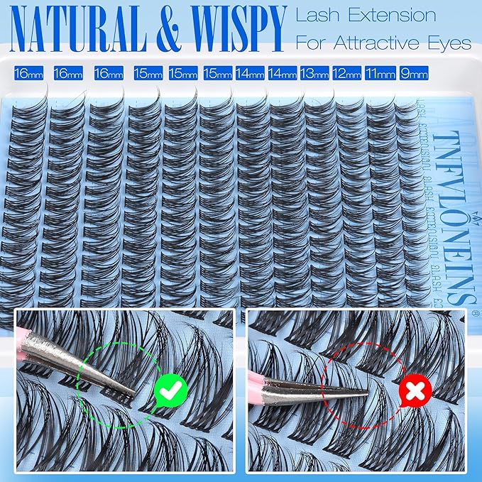 Wispy Lash Clusters Kit Natural Eyelash Extension Kit C Curl Lash Extension Kit Waterproof Individual Lashes Clusters DIY Cluster Eyelash Extensions Soft Eyelash Clusters Kit,Bond and Seal TNFVLONEINS