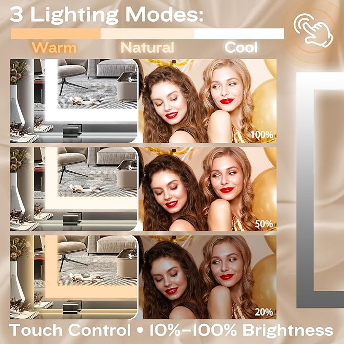 HNV 22"x20" Lighted Vanity Mirror – Large Makeup Mirror with 3-Color Dimmable LED Lights, 10X Magnification, Touch Control, Tabletop or Wall Mount Mirror for Bedroom & Dressing Room (White)