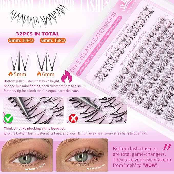 Natural Lash Clusters Kit Wispy Eyelash Clusters Kit with Bottom Eyelashes C Curly Lash Extension Kit with Invisible Band DIY Individual Lashes Kit with Lash Bond and Seal 132Pcs