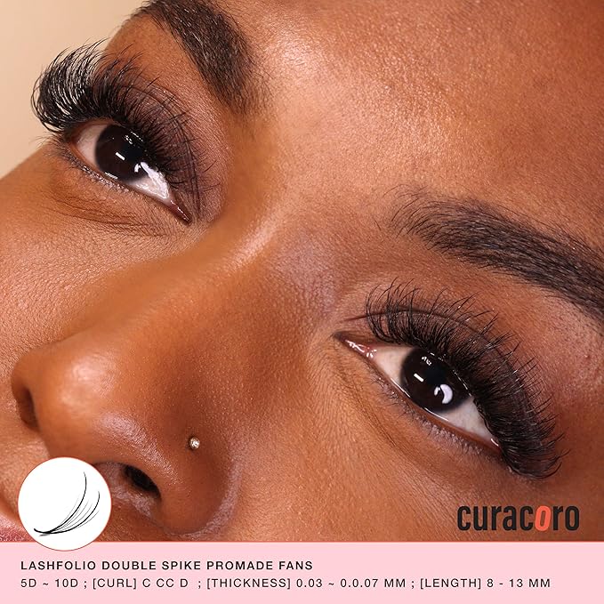 Curacoro LashFolio Double Spike Promade Fans, Handmade Volume Eyelashes, 5D To 10D, C CC D Curl, 0.03~0.07mm, 8-13mm Mix Length, Professional Long-Lasting Promade Lash Fans (7D-0.05 CC 8-13mm)