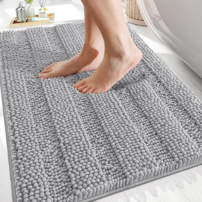 OLANLY Thick Bathroom Rugs 30x20, Extra Soft Absorbent Chenille Striped Bath Rugs, Rubber Backing, Machine Wash Dry, Bath Mats for Bathroom Floor, Tub and Shower, Home Decor Accessories, Light Grey
