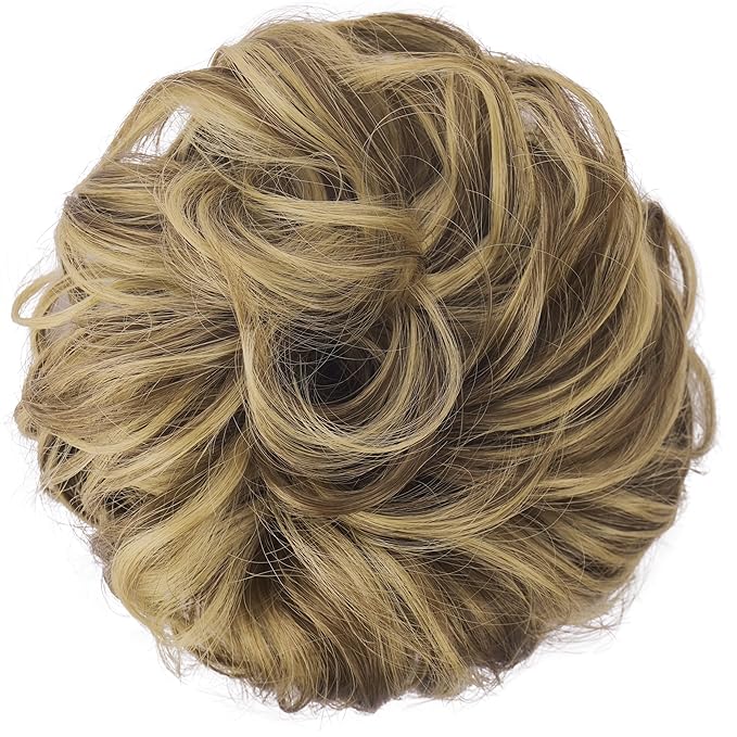 FESHFEN Large Messy Bun Hair Piece - Wavy Synthetic Chignon Scrunchies Elastic Ponytail Hair Extensions Thick Hairpieces for Women, Ash Brown & Blonde 1.94oz