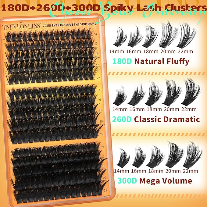 180D+260D+300D Lash Clusters with Spikes 14-22MM Thick Eyelash Clusters Mink Cluster Eyelash Extensions Volume Individual Lash Extension D-Curly Clusters Lashes Dramatic by TNFVLONEINS