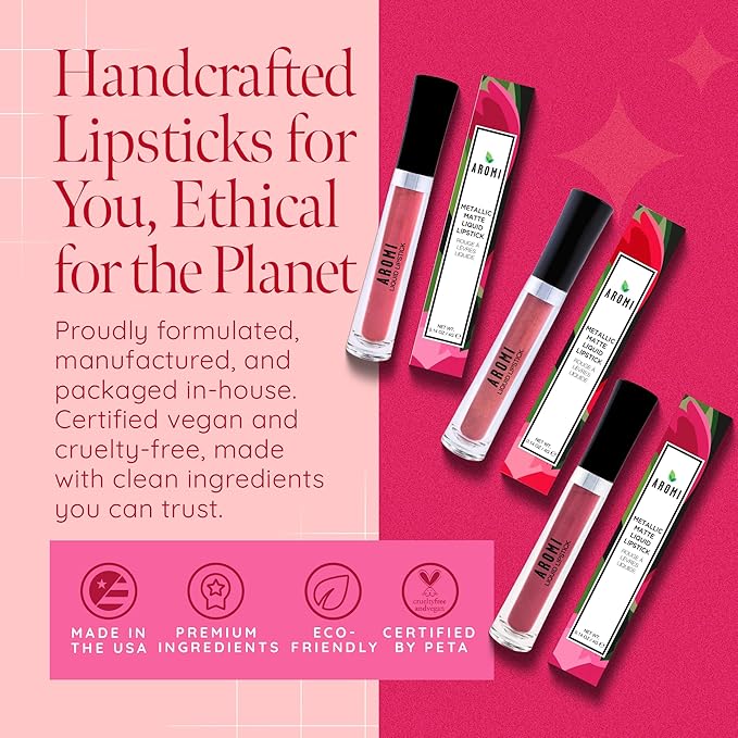Aromi Metallic Liquid Lipstick | Long-lasting, Smear, Smudge, + Transfer Proof, Waterproof, Light, Baby Pink Lip Color with Shimmery Finish, Paraben + Phthalate Free (Pink Sugar)