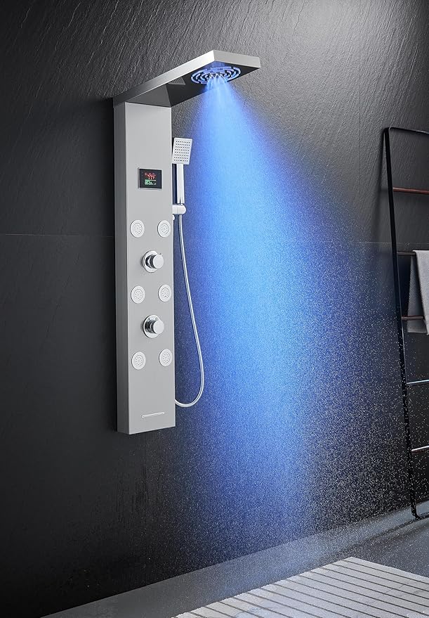 TSIBOMU Stainless Steel Shower Panel Tower System with LED lights(No battery need), Hydroelectric LED Rainfall Shower Tower System with 6 Pcs Body Jets, Brushed Nickel