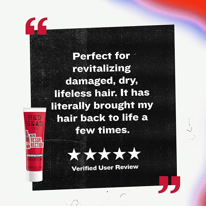 Bed Head by TIGI Resurrection Super Repair Shampoo Travel Mini – Repairing shampoo for dry, brittle and damaged hair with added moisture and nourishment, 2.53 fl oz (Pack of 2)