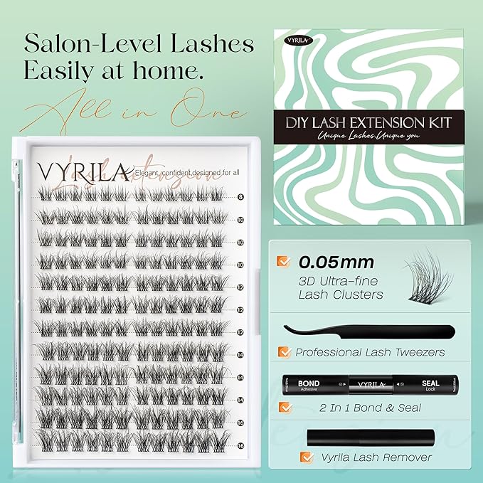 Lash Clusters Kit 0.05mm Individual Lashes, 3D Wispy Lashes, 0.1mm Super Thin Band Resuable Natural Lashes,D Curl Faux Mink Lashes,144pcs Lash Extension (Green Hush-D-0.05-8-16mix-Kit)
