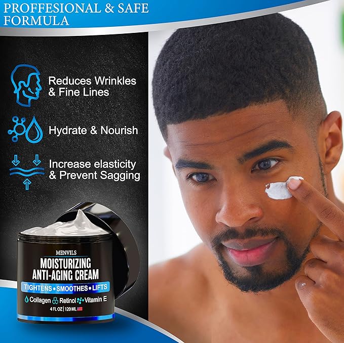 Mens Face Moisturizer Cream - Anti Aging & Wrinkle for Men with Collagen, Retinol, Vitamins E, Jojoba Oil - Face Lotion - Age Facial Skin Care - Eye Wrinkle - Day & Night - 4 oz