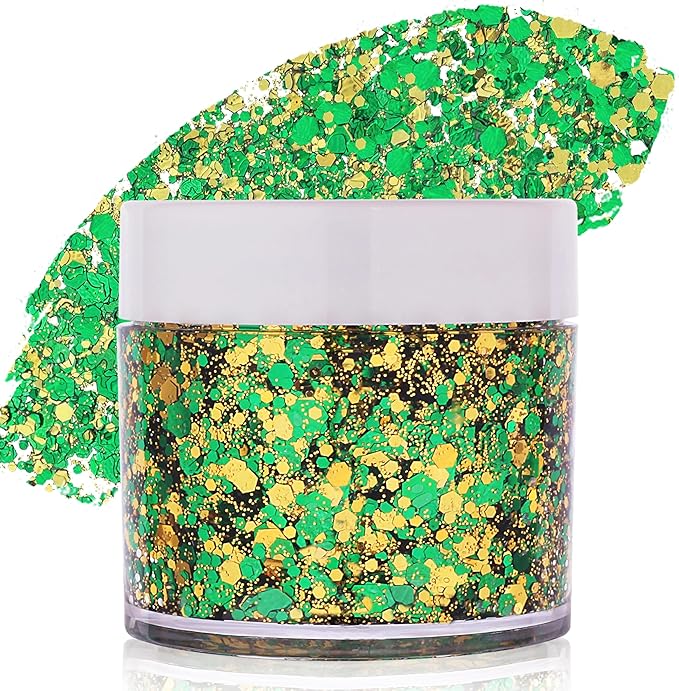 Green Face Glitter Gel,Mardi Gras Outfit for Women,Gold Hair Glitter Green St Patrick's Day Accessories, Self-Adhesive Carnival Face Paint Body Glitter Sparkling Festival Chunky Makeup