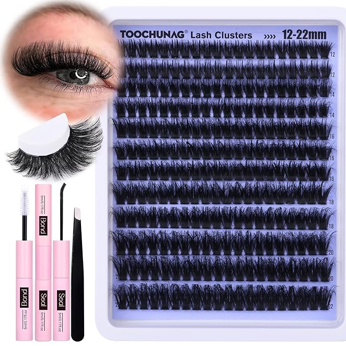 TOOCHUNAG Lash Extension Kit 12-22mm Fluff Cluster Eyelash Extension Kit 100D Thick Volume Lash Clusters Kit D Curly Wispy Cluster Lashes Individual with Lash Bond and Seal and Tweezers