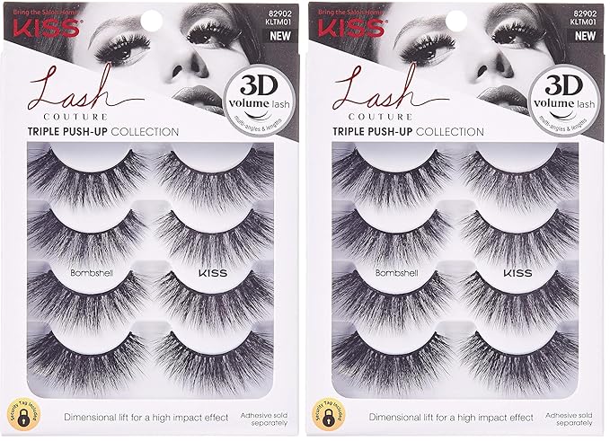 KISS Lash Couture Triple Push-Up False Eyelashes, Bombshell', 14 mm, Includes 4 Pairs Of Lashes, Contact Lens Friendly, Easy to Apply, Reusable Strip Lashes (Pack of 2)
