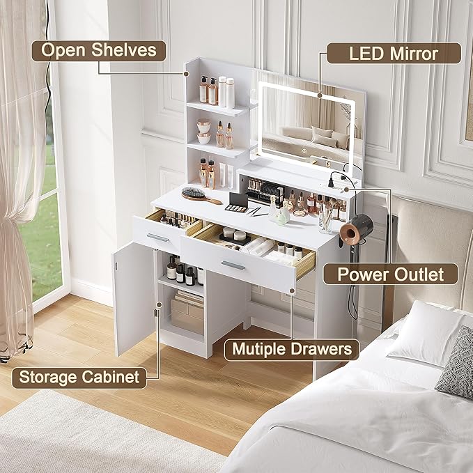 Vanity Desk with LED Mirror and Lights, Makeup Vanity Set with Chair, Power Outlet, Drawers, Cabinet, Dressing Table with Open Storage Shelves and for Bedroom, Dressing Room, White