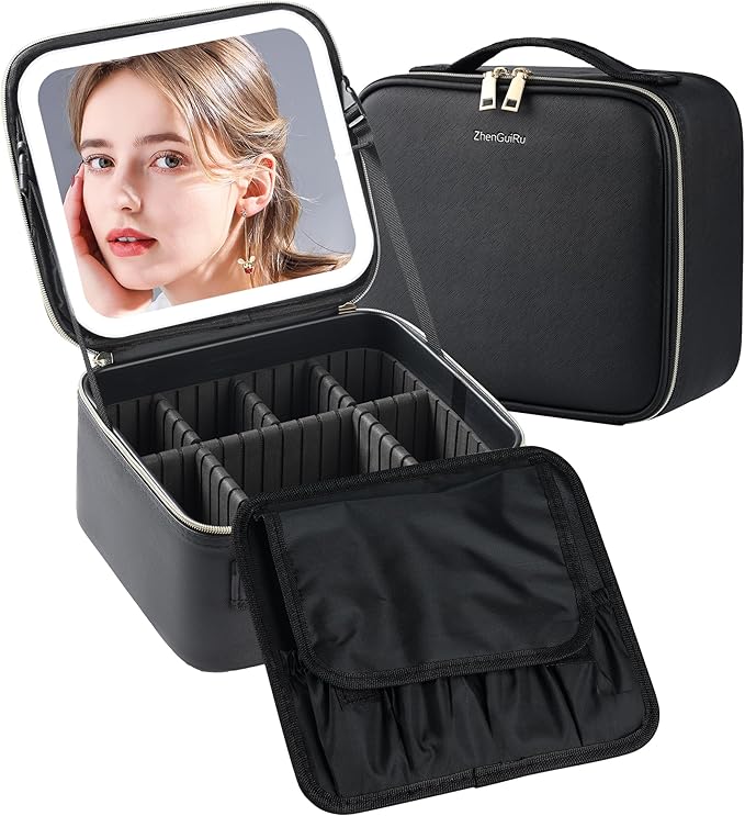 Gdsshuhung Makeup Bag with Mirror | Partitionable Professional Makeup Organizer | Large Travel Makeup Bag for Women | Cosmetic Case for Daily & On-the-Go Use (Black)