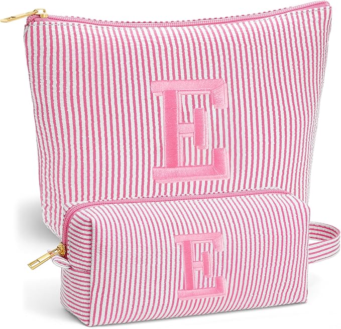 Fohufo Initial Makeup Bag Set - Cute Pink Stuff for Women, Personalized Makeup Pouch Cosmetic Bag, Travel Essentials Toiletry Bag, Birthday Christmas Gifts for Women Stocking Stuffers, Pink Letter E