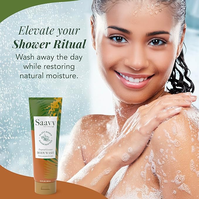 Saavy Naturals Body Wash Tropical Coconut Plant-Based Ingredients - Made In Usa - Sensitive Skin Body Wash, l Organic & Vegan Formula With Coconut Oil, Shea Butter, And Aloe Vera - 8.5 Fl Oz, 2 Pack
