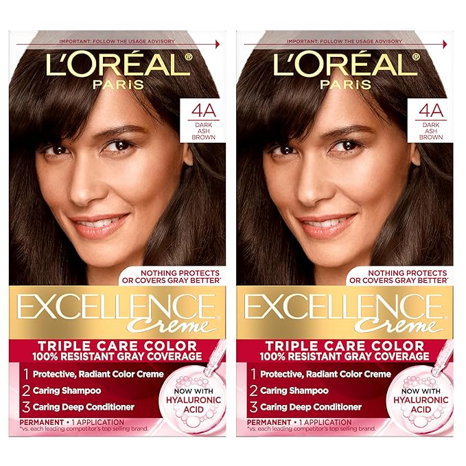 L'Oreal Paris Excellence Crème Permanent Hair Dye, Triple Care Hair Color with Hyaluronic Acid for 100% Gray Coverage, 4A Dark Ash Brown, 1 Kit (Pack of 2) (Packaging May Vary)