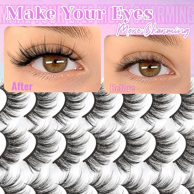 Losha Eyelashes Natural Look Faux Mink Lashes Pack Handmade Fluffy False Eyelashes 14 Pairs Cat Eye Lashes (54)