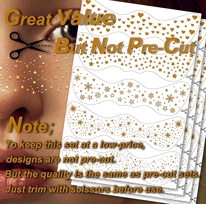 20PCS Glitter Freckles Face Tattoo, 4 Sheets/5 Styles Face Glitter Freckles for Festival & Rave, Waterproof Temporary Face Glitter Freckle Tattoo for Halloween Christmas Concerts Sparkle Makeup (Gold)