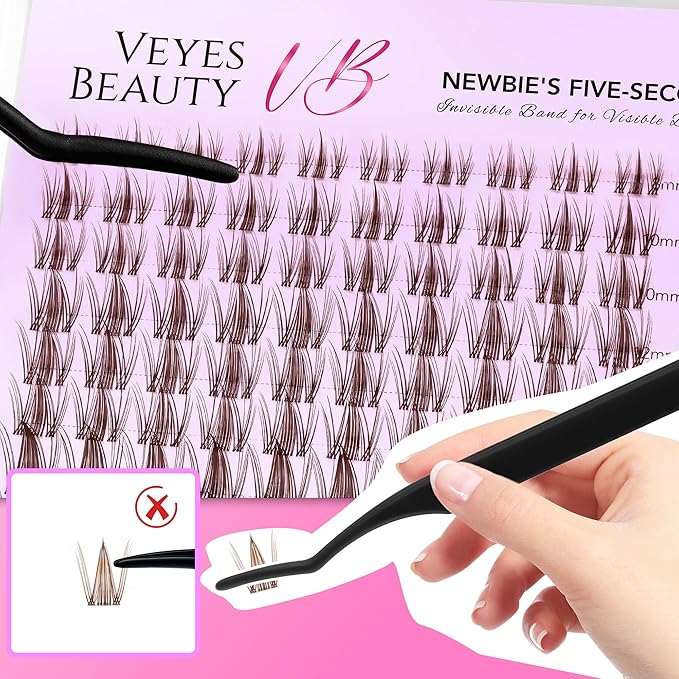 VEYESBEAUTY Brown Manga Lash Clusters Eyelash Extensions Thin & Invisible Band DIY Individual False Eyelashes Newbie's Five-Second Series Wispy Lash Tray for Self-application, Lash 8-18mm Mixed Length