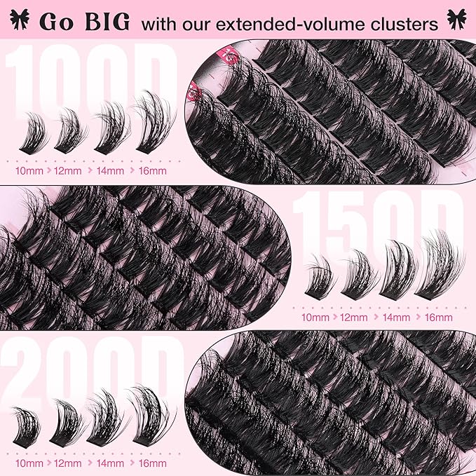 Fluffy Lash Clusters Kit Thick 100-150-200D Volume Eyelash Clusters Kit 10-16mm Wispy Individual Lashes Kit D Curl Cluster Eyelash Extensions 300pcs DIY Lash Extension for Beginners