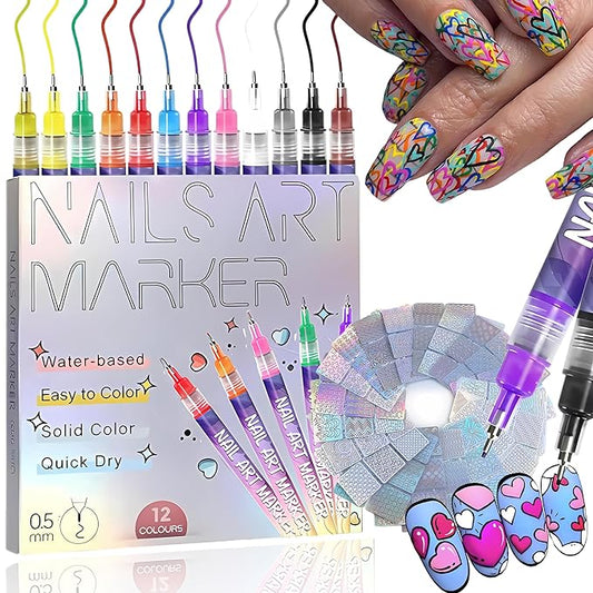 Nail Art Pens 12 Colors Nail Art Pens Set, 0.5mm 3D Nail Polish Pens+24 Reusable Template Stickers Nail Art Markers for Nail Art, Quickly Dry Nail Art Pen for Painting Nails for Home Salon