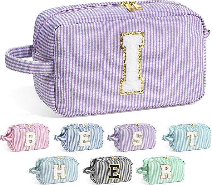 YOOLIFE Initial Cosmetic Bag for Women - Monogram Cute Makeup Bag Cosmetic Case Toiletry Pouch for Women Her Best Friend Sister Teacher, Personalized Birthday Gifts for Women, Purple I