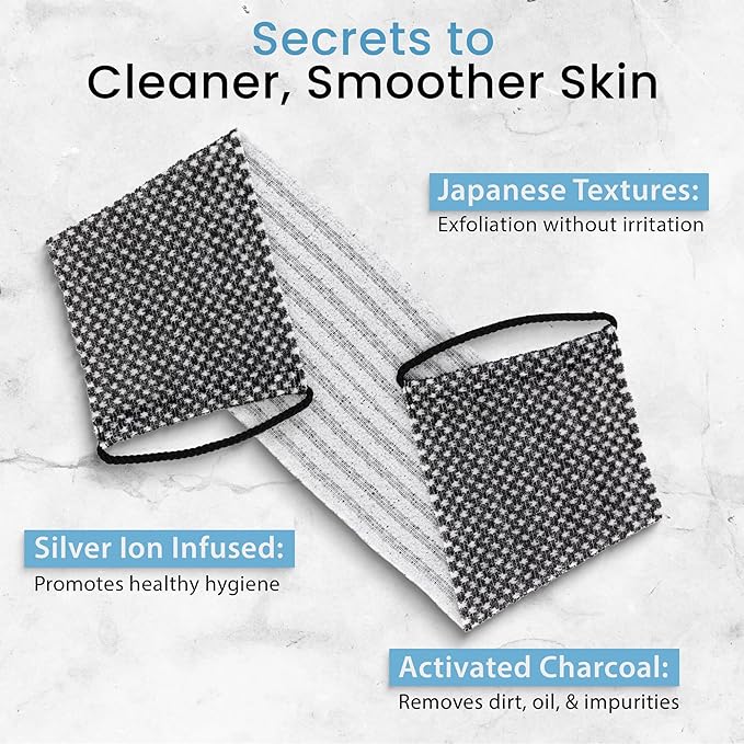 Japanese Exfoliating Washcloth for Back & Body - Charcoal & Silver Ion Exfoliating Towel - Two-Sided Gentle Exfoliation