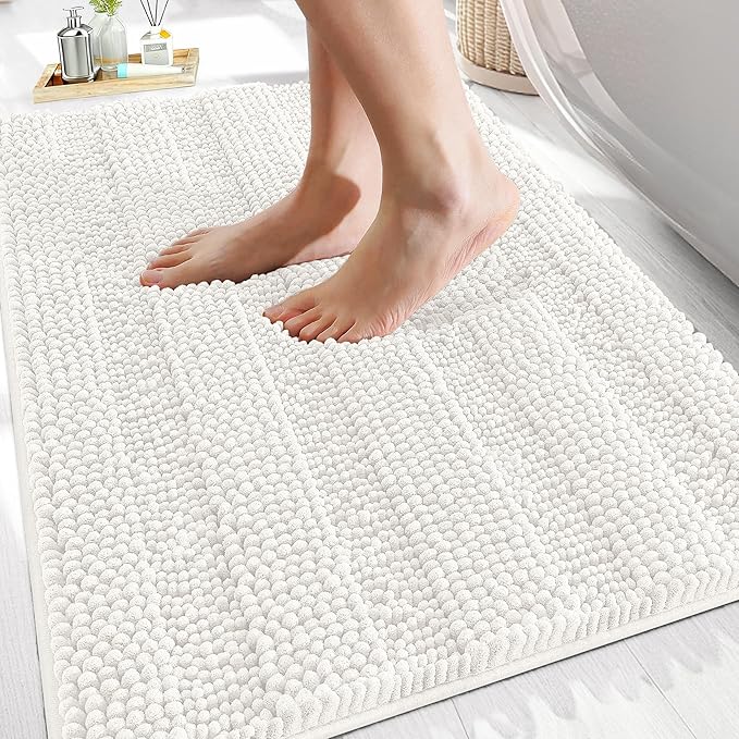 OLANLY Thick Bathroom Rugs 30x20, Extra Soft Absorbent Chenille Striped Bath Rugs, Rubber Backing, Machine Wash Dry, Bath Mats for Bathroom Floor, Tub and Shower, Home Decor Accessories, Ivory