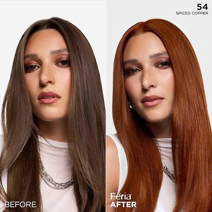 L'Oreal Paris Feria Multi-Faceted Shimmering Permanent Hair Color, High Intensity Hair Dye for 3X Highlights, 54 Spiced Copper, 1 Kit