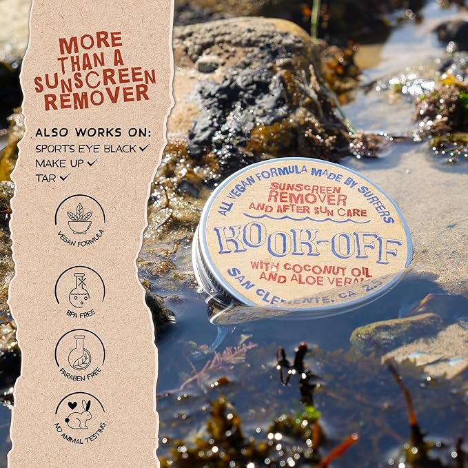 Kook-Off: Mineral Sunscreen Remover & After Sun Care | Natural, Ocean-Safe Formula | Aloe Vera & Coconut Oil | Removes Stubborn Zinc Sunscreen | 2.5oz Tin