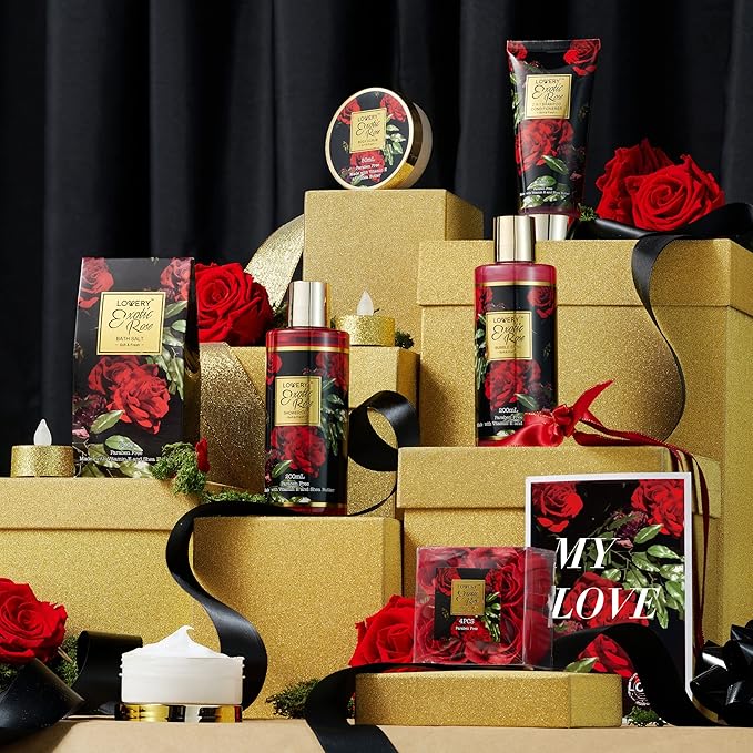 Valentines Day Gifts for Her - Exotic Rose Valentine Gift Basket for Women, Spa Bath and Body Gift Set, Anniversary Gifts for Women, Mom Birthday Gift with Body Scrub, Bubble Bath, Lotion & M