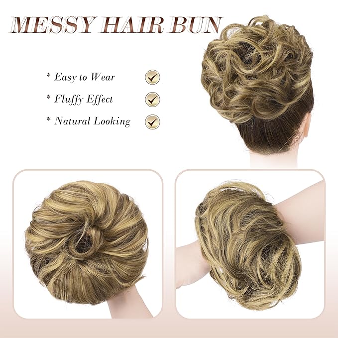 FESHFEN Messy Bun Hair Piece - Wavy Synthetic Chignon Scrunchies for Instant Volume, Elastic Bun Ponytail Hair Extensions Thick Hairpieces for Women, Ash Brown & Blonde 1.50 oz