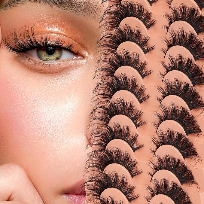 Veleasha Cat Eye Lashes Fluffy Crisscross Doll Eyelashes Wispy False Eyelashes Black Cotton Band 3D Effect Lashes 8-21MM 10 Pairs Pack (6D32)