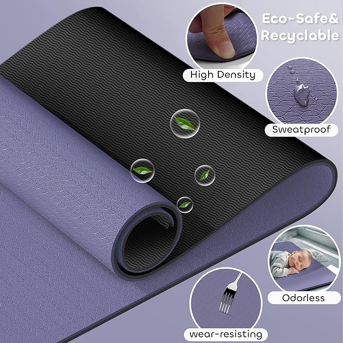 Non-slip TPE Yoga Mat for Women & Men,72"x24" Double-Sided Workout Mat for Home Gym Pilates Fitness,1/4 Inch Packable Lightweight Exercise Mat with Strap for Travel,Non Toxic Exercise Floor Mat