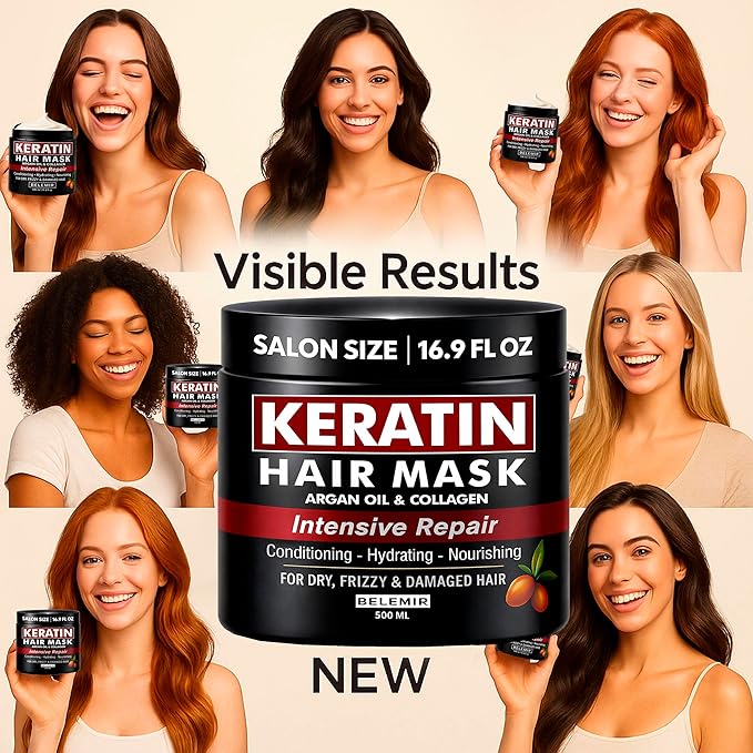 BELEMIR Keratin Hair Mask – Deep Conditioning for Damaged Hair – Collagen & Argan Oil Treatment – Hydrating & Repairing – Sulfate & Paraben Free – 500 ml / 16.9 fl oz