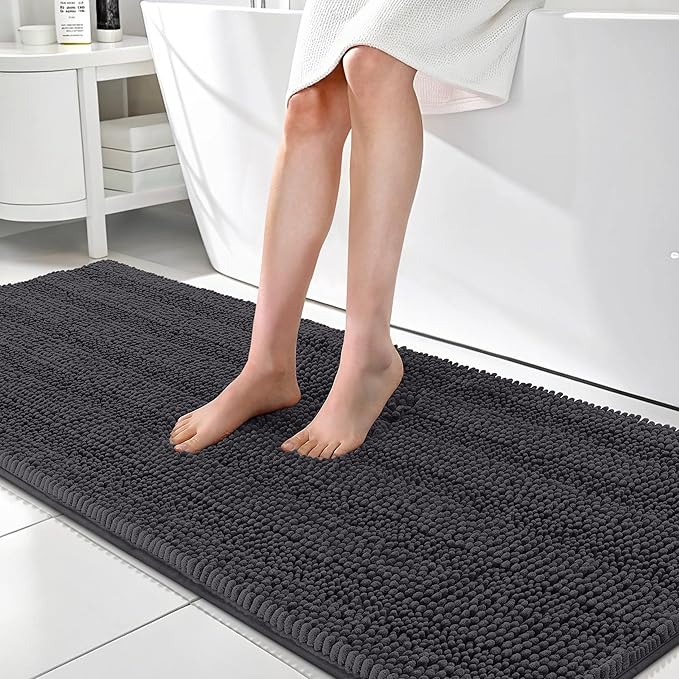 OLANLY Thick Bathroom Rugs 70x24, Extra Soft Absorbent Chenille Striped Bath Rugs, Rubber Backing, Machine Wash Dry, Bath Mats for Bathroom Floor, Tub and Shower, Home Decor Accessories, Dark Grey