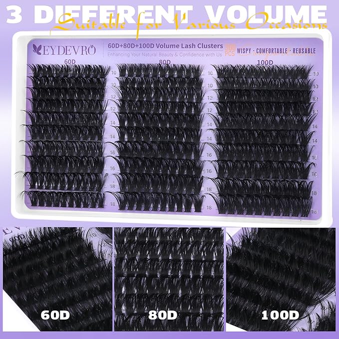 EYDEVRO Lash Clusters Kit 60D80D100D Volume Lash Extension Kit Wispy Cluster Eyelash Extensions Eyelash Extension Kit 10-18mm D Curvature Cluster Lashes with Lash Bond and Seal Tweezers Brushes