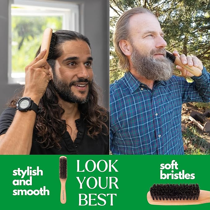 GranNaturals Boar Bristle Slick Back Hair Brush - Soft/Medium Smoothing Hairbrush to Style, Polish, & Lay Hair Down Flat to Create a Sleek Frizz Free Hairstyle for Women and Men - Wooden Handle