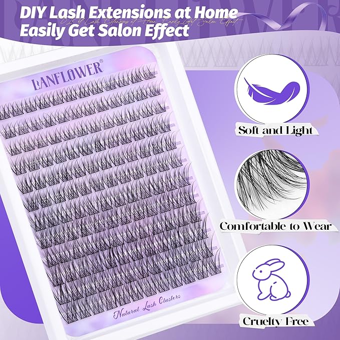 Lash Extension Kit Natural Lash Clusters Kit Wispy Eyelash Extension kit with Lash Bond and Seal and Lash Remover Eyelash Clusters Kit C Curved Individual Lashes by Lanflower