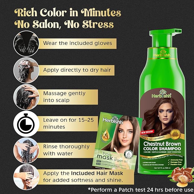 Herbishh Hair Color Shampoo for Gray Hair – Magic Hair Dye Shampoo – Colors Hair in Minutes–Long Lasting–500 Ml–3-In-1 Color for Women & Men –Ammonia-Free (Chestnut Brown)