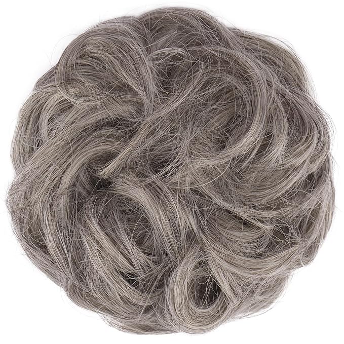 FESHFEN Messy Bun Hair Piece - Wavy Synthetic Chignon Scrunchies for Instant Volume, Elastic Bun Ponytail Hair Extensions Thick Hairpieces for Women, Salt and Pepper 1.50 oz