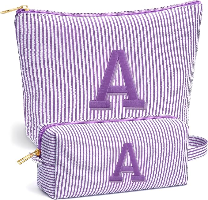 Fohufo Christmas Gifts 2025 for Girls - Stocking Stuffers for Teen Girls, 6 7 8 9 10 11 12 Year Girl Birthday Gift, Personalized Initial Travel Makeup Bag Set, Christmas Birthday Gifts,Purple A