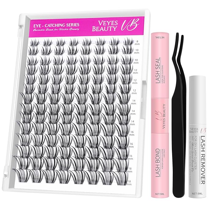 VEYESBEAUTY Crown Lash Clusters Kit Individual Lash Extensions Eye-Catching Series DIY Dramatic Eyelash Wispy Faux Mink Lash Mixed Length Tray with Bond & Seal, Applicator at Home